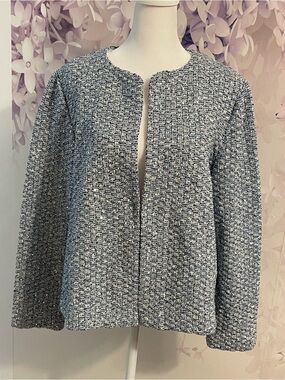 Amina Rubinacci Onda Blue & White Sequin Knit Jacket Italy NWT Size 48 (US XL)